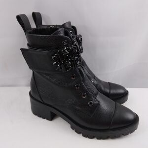 Karl Lagerfeld PIPPA Black Pebbled Leather Rhinestone Combat Boots Size 6M